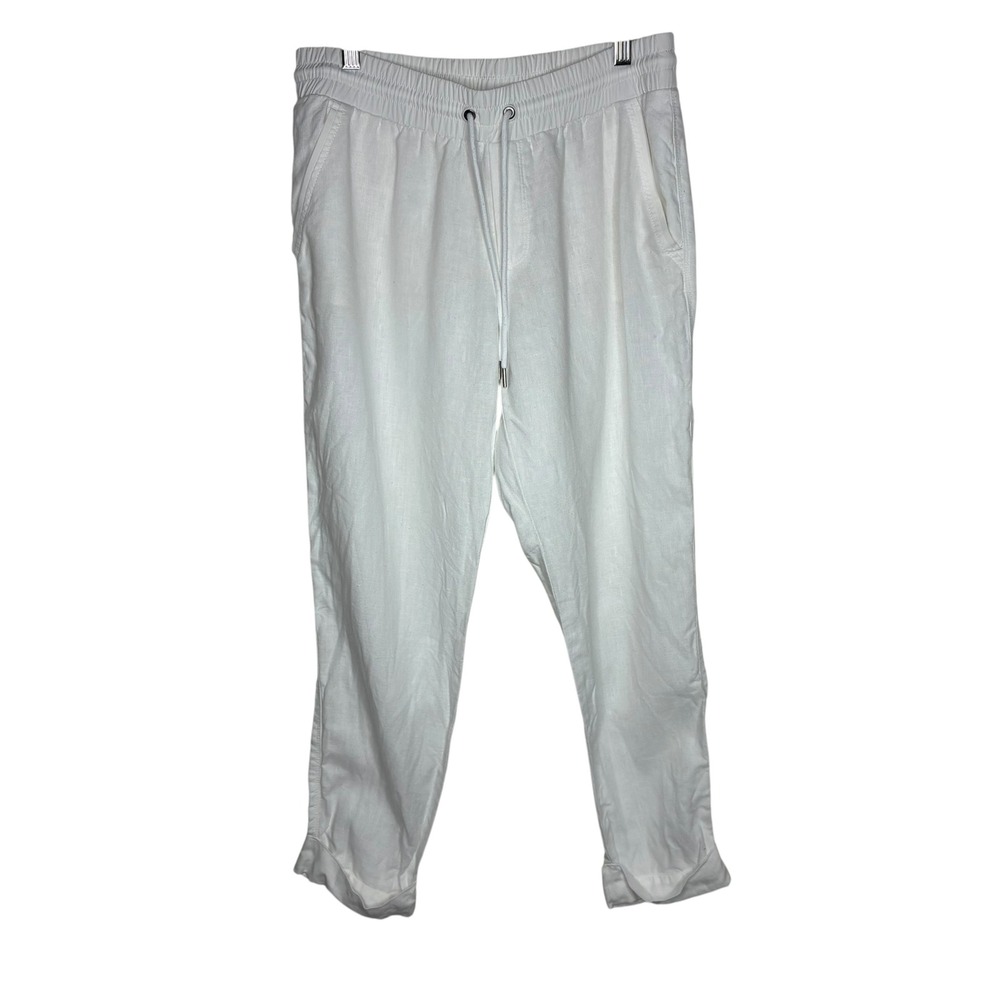 Athleta Womens Size 8 Linen Jogger Pants White Drawstring Cuffed Relaxed Casual
